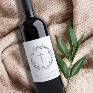 Rótulo De Garrafa De Cerveja Dusky Blue Floral Laurel Wreath Monograma Baptism