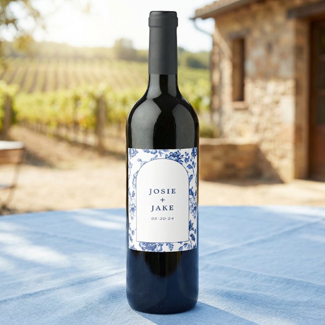 Rótulo De Garrafa De Cerveja Dusty Blue Chinoiserie Floral Custom Wedding (Dusty Blue Chinoiserie Floral Custom Wedding Wine Label)
