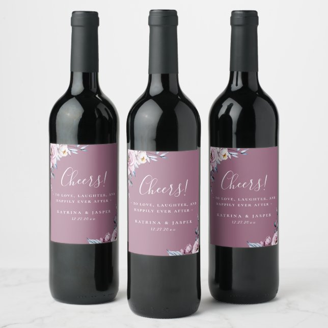 Rótulo De Garrafa De Cerveja Dusty Blue Mauve Floral Wedding (Garrafas)