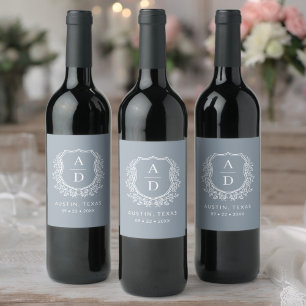 Rótulo De Garrafa De Cerveja Dusty Blue Monograma Floral de Casamento