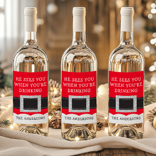 Rótulo De Garrafa De Cerveja Ele vê você quando você é Bebendo Papai noel de Na