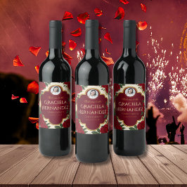 Rótulo De Garrafa De Cerveja Elegant Burgundy Red & Gold Rose Quinceañera 