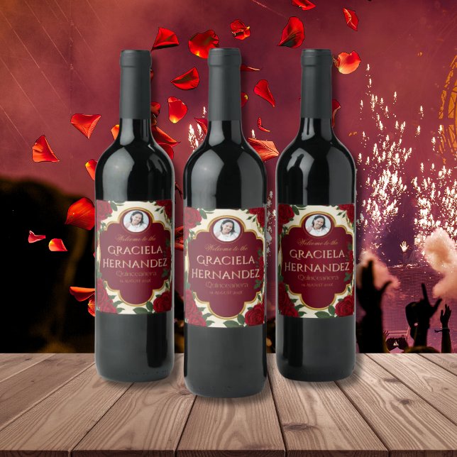 Rótulo De Garrafa De Cerveja Elegant Burgundy Red & Gold Rose Quinceañera  (Criador carregado)