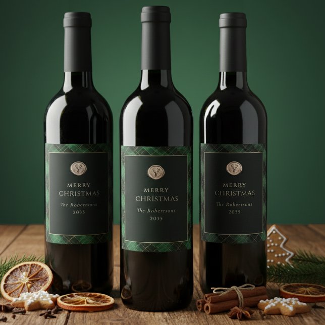Rótulo De Garrafa De Cerveja Elegant Green Plaid Merry Christmas Festive (Christmas Green Plaid Wine Labels)