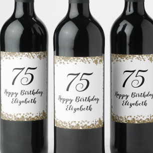 Rótulo De Garrafa De Cerveja Elegante 75º Aniversário Branco e Dourado Preto