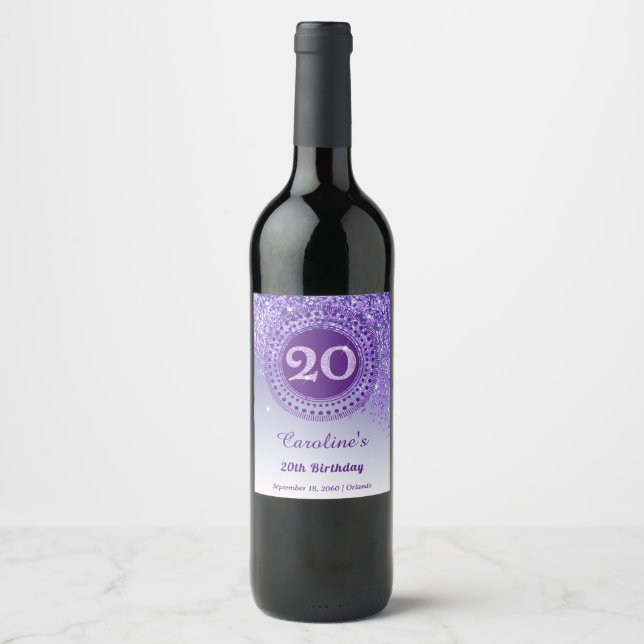 Rótulo De Garrafa De Cerveja Elegante Aniversário de 20 anos com Glitter Roxo C (Frente)