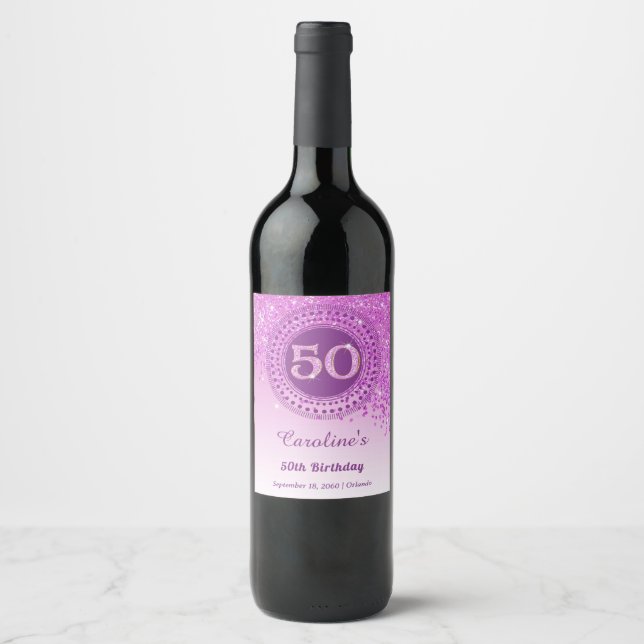 Rótulo De Garrafa De Cerveja Elegante Aniversário de 50 anos com Brilho Rosa (Frente)