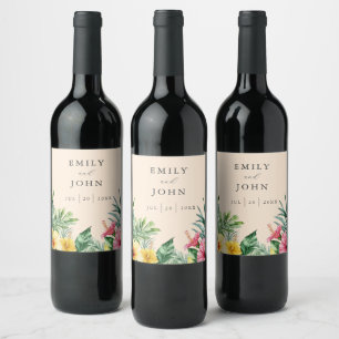 Rótulo De Garrafa De Cerveja Elegante Aquarela de Pêssego Casamento Floral Trop
