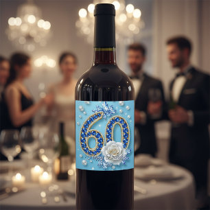 Rótulo De Garrafa De Cerveja Elegante Azul brilhante e Joias Pérolas 60º Aniver