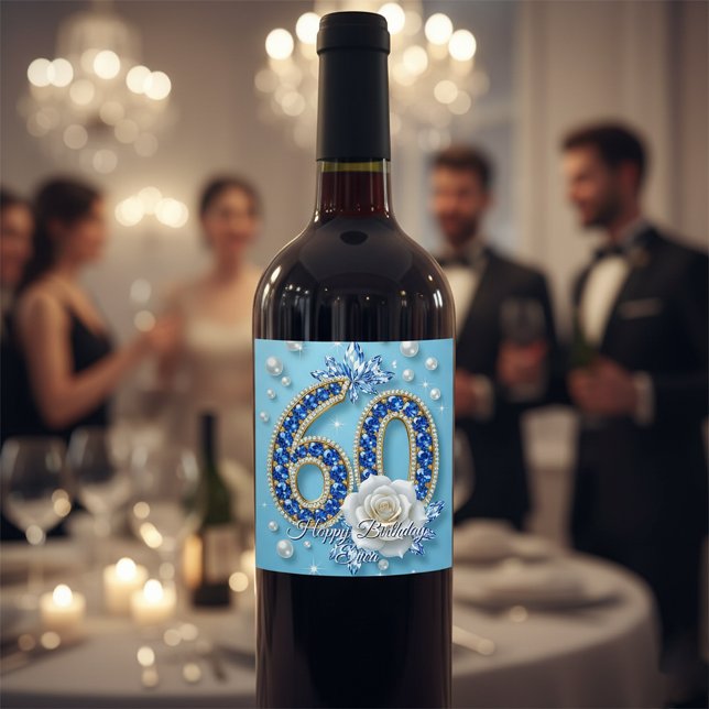 Rótulo De Garrafa De Cerveja Elegante Azul brilhante e Joias Pérolas 60º Aniver (Criador carregado)