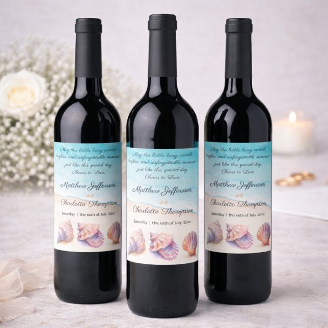 Rótulo De Garrafa De Cerveja Elegante Beach Wedding Seashells Pearls Náutico (Criador carregado)