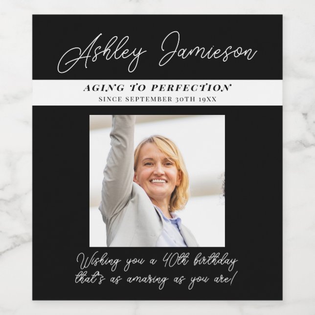 Rótulo De Garrafa De Cerveja Elegante Black 40 Birthday Aged to Perfection Phot (Rótulo Único)