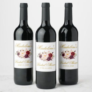 Rótulo De Garrafa De Cerveja Elegante Burgundy Floral Chá de panela Dourado