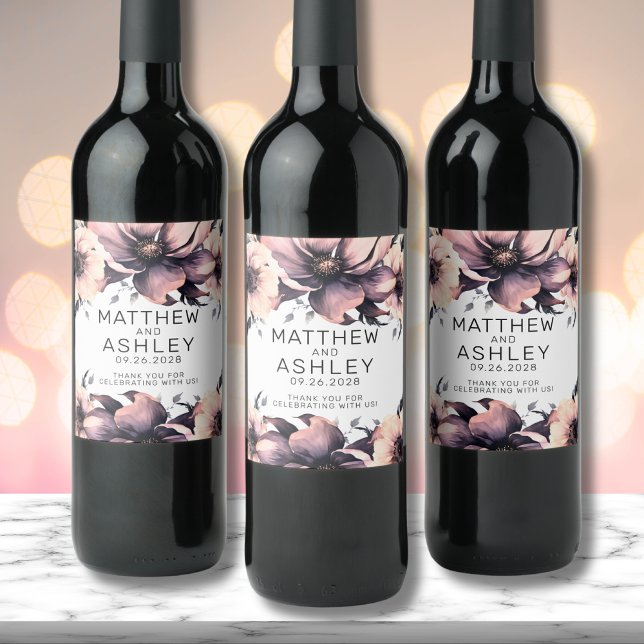 Rótulo De Garrafa De Cerveja Elegante Casamento Floral Rosa Boho (Elegant Floral Boho Blush Pink Black White Wedding Wine Label)