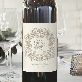 Rótulo De Garrafa De Cerveja Elegante Crista de Monograma de Marfim Casamento V
