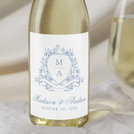 Rótulo De Garrafa De Cerveja Elegante Crista Floral Azul Monograma Casamento