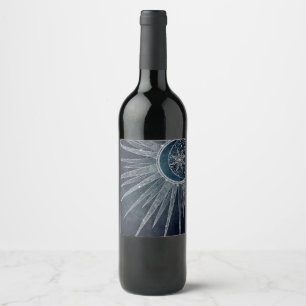Rótulo De Garrafa De Cerveja Elegante Desenho Mandala Doodle Sol Lua Prata Azul
