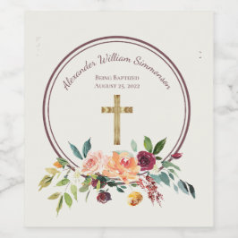 Rótulo De Garrafa De Cerveja Elegante Dourado Burgundy Floral Baby Christening