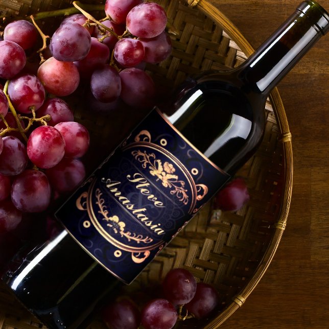 Rótulo De Garrafa De Cerveja Elegante Dourado Demask Monogrammed Royal Blue (Criador carregado)