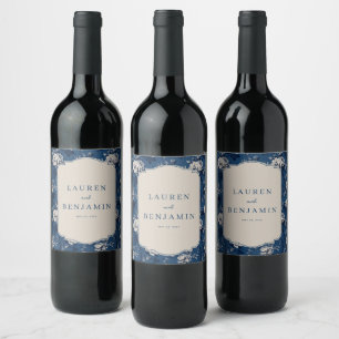 Rótulo De Garrafa De Cerveja Elegante Floral Azul Marinho