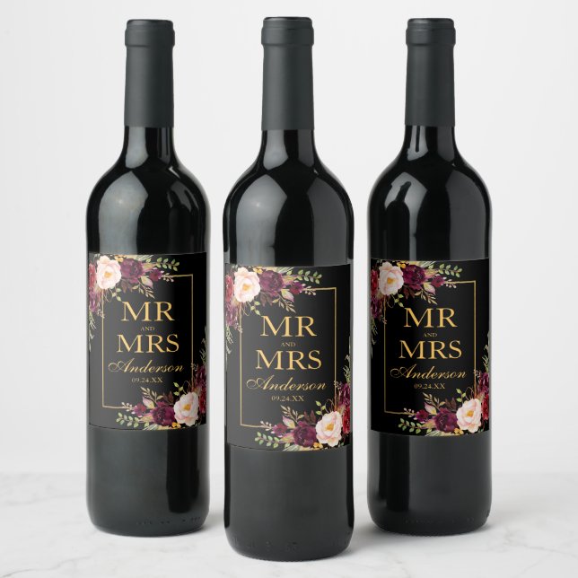 Rótulo De Garrafa De Cerveja Elegante Floral Burgundy Preto Dourado (Garrafas)