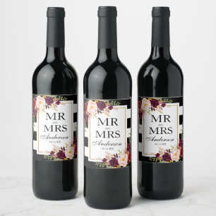 Rótulo De Garrafa De Cerveja Elegante Floral Burgundy Preto Listrado Branco