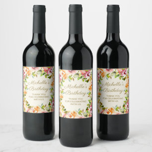 Rótulo De Garrafa De Cerveja Elegante Floral Laranja Vermelha de Aniversário Ob