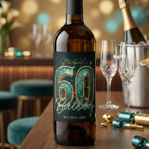 Rótulo De Garrafa De Cerveja Elegante Glamour Azul Teal Dourado 60º Aniversário