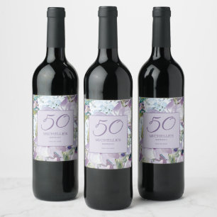 Rótulo De Garrafa De Cerveja Elegante Lilás Roxo Floral Verde 50º Aniversário