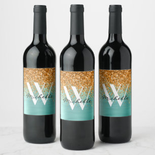 Rótulo De Garrafa De Cerveja Elegante Monograma Brilhante em Dourado e Azul Tur
