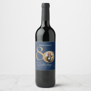 Rótulo De Garrafa De Cerveja Elegante Ouro Azul Marinho Foto 80º Aniversário