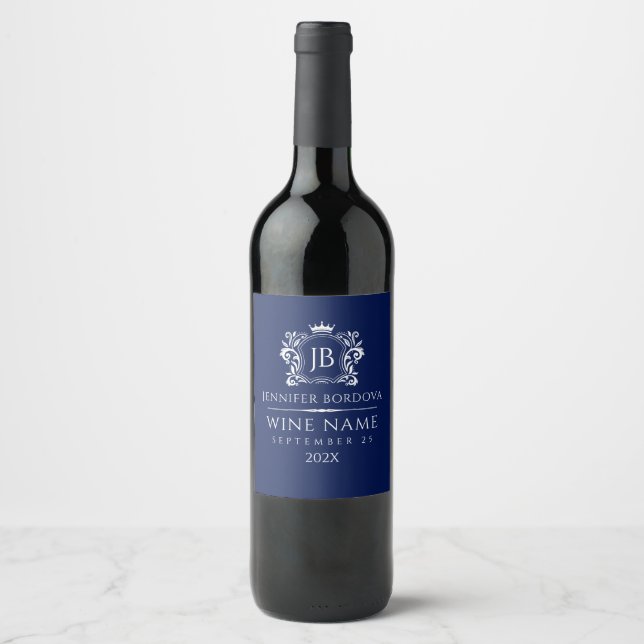 Rótulo De Garrafa De Cerveja Elegante Quadro de Coroa Branca em Azul Personaliz (Frente)