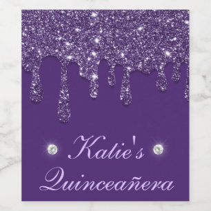 Rótulo De Garrafa De Cerveja Elegante Quinceanera com Brilho Roxo Gotejante