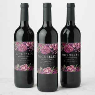Rótulo De Garrafa De Cerveja Elegante Rosa Roxo Floral Preto Aniversário