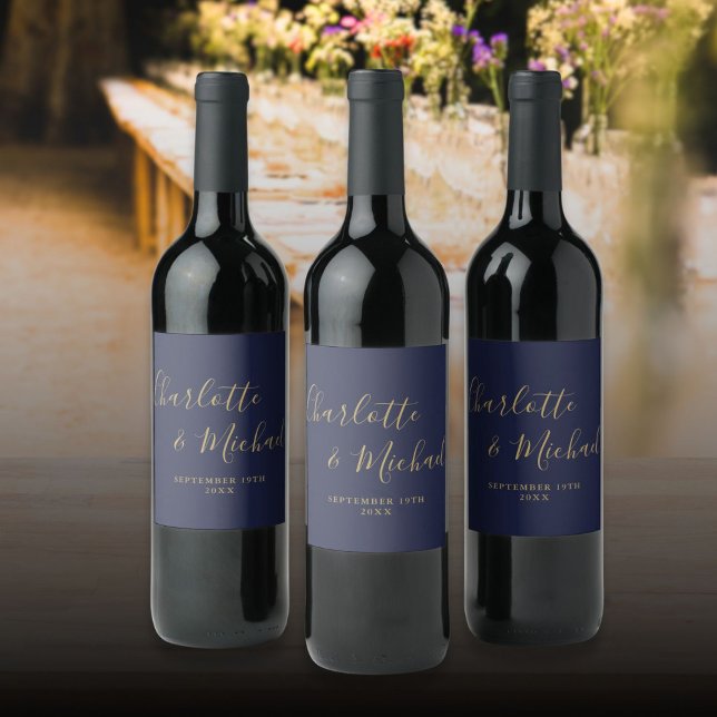 Rótulo De Garrafa De Cerveja Elegante Rótulo de Cera de Casamento Azul Naval Do ( Elegant Signature Script Navy Blue Gold Wedding Wine Label)