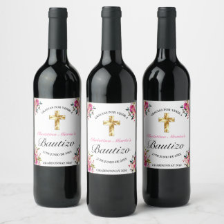 Rótulo De Garrafa De Cerveja Elegante Tinta Floral Bautizo Cruz De Oro