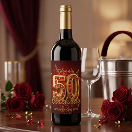 Rótulo De Garrafa De Cerveja Elegante Vermelho e Dourado 50º Aniversário Marco