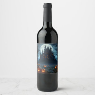 Rótulo De Garrafa De Cerveja Escuro, castelo medieval, morcegos e abóboras