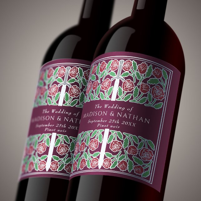 Rótulo De Garrafa De Cerveja Espada Floral Medieval Real Roxo Casamento (Criador carregado)