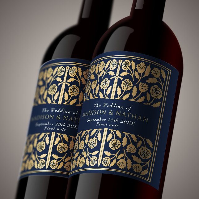 Rótulo De Garrafa De Cerveja Espada Medieval Real Azul Dourada Casamento (Criador carregado)