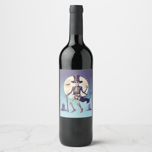Rótulo De Garrafa De Cerveja Esqueleto Dançando Sob a Lua Halloween (Frente)