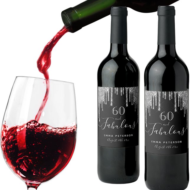 Rótulo De Garrafa De Cerveja Fabuloso aniversário de 60 anos, brilho de prata p (Criador carregado)