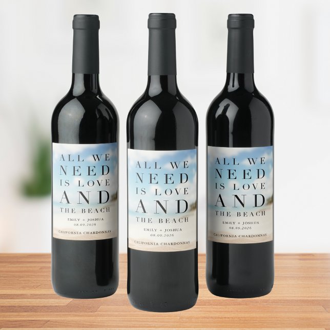 Rótulo De Garrafa De Cerveja Favor de Casamento Simples na Praia (Simple Beach Wedding Favor Wine Label)