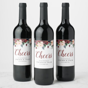 Rótulo De Garrafa De Cerveja FELICIDADES  Casamento floral de burgundy e blush