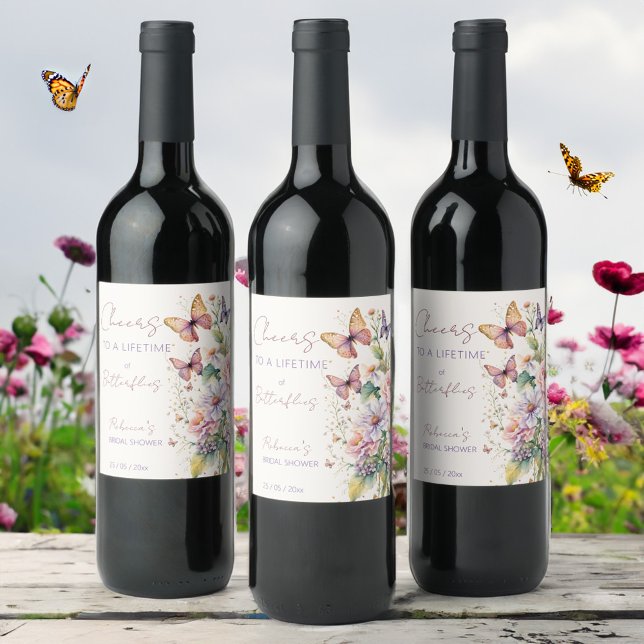 Rótulo De Garrafa De Cerveja Felicidades do chá de panela das borboletas (Cheers to a Lifetime of Butterflies bridal shower Wine Label personalized wine bottle labels summer)