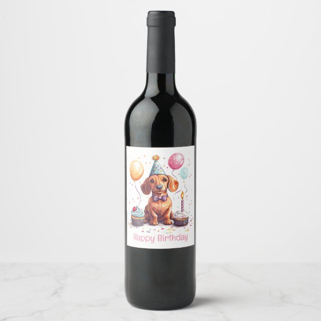 Rótulo De Garrafa De Cerveja Feliz Aniversário Cachorro Dachshund  (Frente)