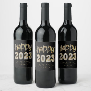 Rótulo De Garrafa De Cerveja Feliz ano novo Dourado Elegante preto e branco 202