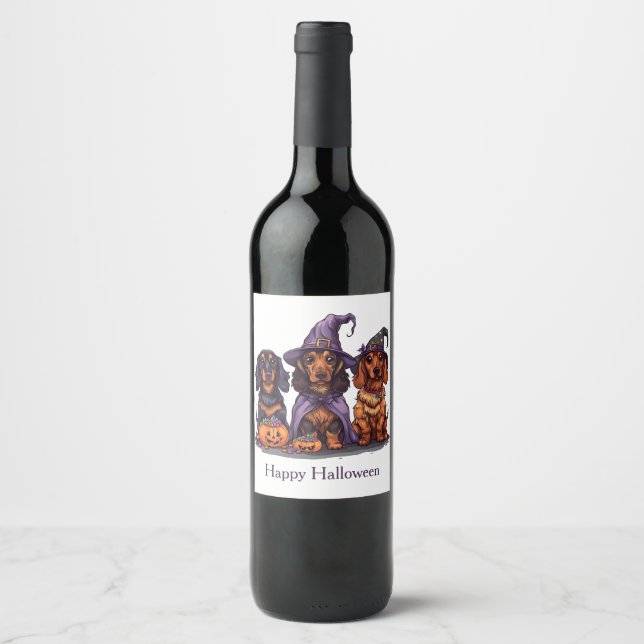 Rótulo De Garrafa De Cerveja Feliz Halloween Dachshund Witch Dogs (Frente)