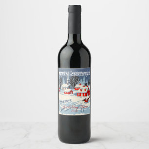 Rótulo De Garrafa De Cerveja Feliz Natal Aldeia Coberta de Neve Cavalo Igreja