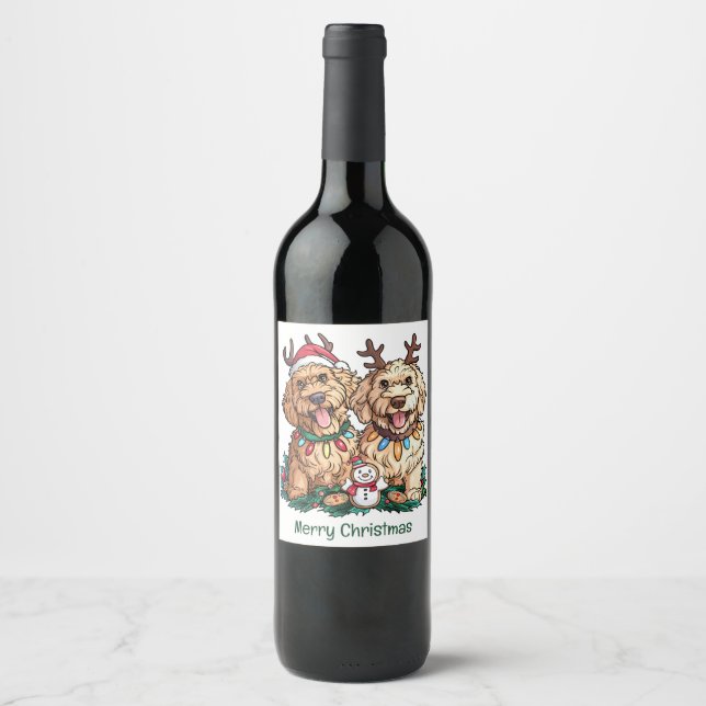 Rótulo De Garrafa De Cerveja Feliz Natal Cachorros Goldendoodle (Frente)
